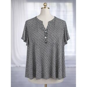 Ava & Grace Popover Top Office Y Neckline Flutter Sleeve Black White Stretch 3x